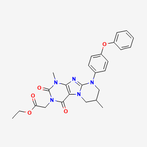 molecular formula C26H27N5O5 B2996294 ethyl 2-(1,7-dimethyl-2,4-dioxo-9-(4-phenoxyphenyl)-1,2,6,7,8,9-hexahydropyrimido[2,1-f]purin-3(4H)-yl)acetate CAS No. 876151-77-8