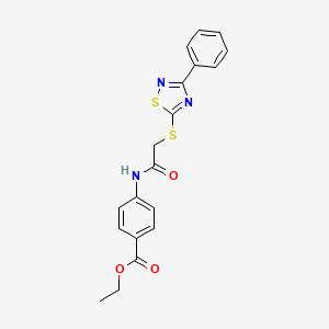 molecular formula C19H17N3O3S2 B2996347 Ethyl 4-(2-((3-phenyl-1,2,4-thiadiazol-5-yl)thio)acetamido)benzoate CAS No. 864856-25-7