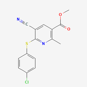 molecular formula C15H11ClN2O2S B2996443 Methyl 6-[(4-chlorophenyl)sulfanyl]-5-cyano-2-methylnicotinate CAS No. 303146-43-2