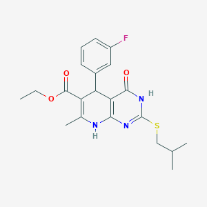 molecular formula C21H24FN3O3S B2996697 Ethyl 5-(3-fluorophenyl)-2-(isobutylthio)-7-methyl-4-oxo-3,4,5,8-tetrahydropyrido[2,3-d]pyrimidine-6-carboxylate CAS No. 946206-93-5