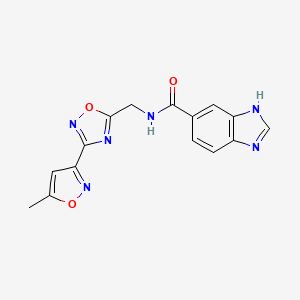 molecular formula C15H12N6O3 B2996716 N-((3-(5-methylisoxazol-3-yl)-1,2,4-oxadiazol-5-yl)methyl)-1H-benzo[d]imidazole-5-carboxamide CAS No. 2034459-71-5