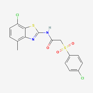 molecular formula C16H12Cl2N2O3S2 B2996750 N-(7-chloro-4-methyl-1,3-benzothiazol-2-yl)-2-(4-chlorobenzenesulfonyl)acetamide CAS No. 895471-59-7