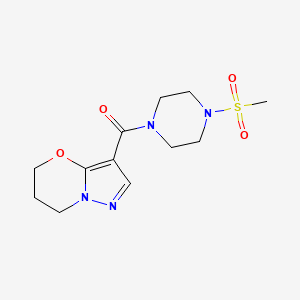 molecular formula C12H18N4O4S B2996944 (6,7-dihydro-5H-pyrazolo[5,1-b][1,3]oxazin-3-yl)(4-(methylsulfonyl)piperazin-1-yl)methanone CAS No. 1428348-79-1