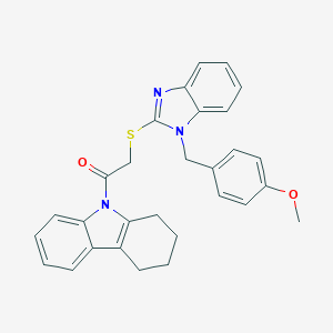 molecular formula C29H27N3O2S B299711 methyl 4-[(2-{[2-oxo-2-(1,2,3,4-tetrahydro-9H-carbazol-9-yl)ethyl]sulfanyl}-1H-benzimidazol-1-yl)methyl]phenyl ether 