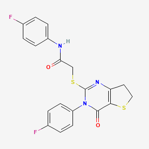 molecular formula C20H15F2N3O2S2 B2997215 N-(4-fluorophenyl)-2-((3-(4-fluorophenyl)-4-oxo-3,4,6,7-tetrahydrothieno[3,2-d]pyrimidin-2-yl)thio)acetamide CAS No. 362501-56-2