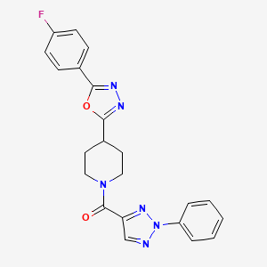 molecular formula C22H19FN6O2 B2997296 (4-(5-(4-fluorophenyl)-1,3,4-oxadiazol-2-yl)piperidin-1-yl)(2-phenyl-2H-1,2,3-triazol-4-yl)methanone CAS No. 1209774-77-5