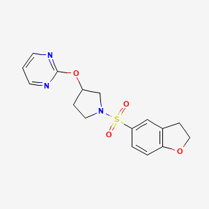 molecular formula C16H17N3O4S B2997316 2-((1-((2,3-Dihydrobenzofuran-5-yl)sulfonyl)pyrrolidin-3-yl)oxy)pyrimidine CAS No. 2034394-92-6