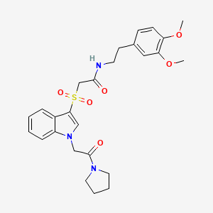molecular formula C26H31N3O6S B2997544 N-(3,4-dimethoxyphenethyl)-2-((1-(2-oxo-2-(pyrrolidin-1-yl)ethyl)-1H-indol-3-yl)sulfonyl)acetamide CAS No. 878057-40-0