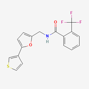 molecular formula C17H12F3NO2S B2997602 N-((5-(thiophen-3-yl)furan-2-yl)methyl)-2-(trifluoromethyl)benzamide CAS No. 2034439-02-4