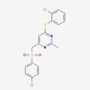molecular formula C18H14Cl2N2O2S2 B2997644 4-((2-Chlorophenyl)sulfanyl)-6-(((4-chlorophenyl)sulfonyl)methyl)-2-methylpyrimidine CAS No. 338960-54-6