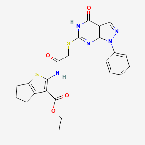 molecular formula C23H21N5O4S2 B2997703 ethyl 2-(2-((4-oxo-1-phenyl-4,5-dihydro-1H-pyrazolo[3,4-d]pyrimidin-6-yl)thio)acetamido)-5,6-dihydro-4H-cyclopenta[b]thiophene-3-carboxylate CAS No. 850912-17-3