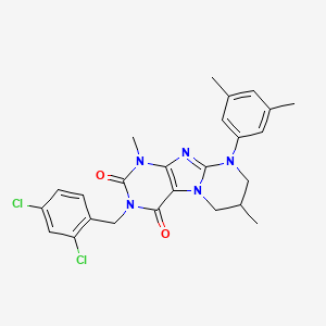 molecular formula C25H25Cl2N5O2 B2997772 3-[(2,4-dichlorophenyl)methyl]-9-(3,5-dimethylphenyl)-1,7-dimethyl-1H,2H,3H,4H,6H,7H,8H,9H-pyrimido[1,2-g]purine-2,4-dione CAS No. 844823-67-2