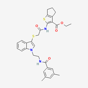 molecular formula C31H33N3O4S2 B2997791 ethyl 2-{2-[(1-{2-[(3,5-dimethylphenyl)formamido]ethyl}-1H-indol-3-yl)sulfanyl]acetamido}-4H,5H,6H-cyclopenta[b]thiophene-3-carboxylate CAS No. 532974-53-1