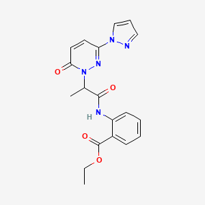 molecular formula C19H19N5O4 B2997795 ethyl 2-(2-(6-oxo-3-(1H-pyrazol-1-yl)pyridazin-1(6H)-yl)propanamido)benzoate CAS No. 1351641-50-3