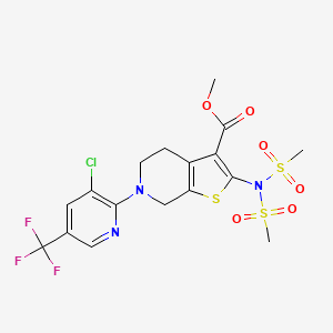 molecular formula C17H17ClF3N3O6S3 B2997846 Methyl 2-[bis(methylsulfonyl)amino]-6-[3-chloro-5-(trifluoromethyl)-2-pyridinyl]-4,5,6,7-tetrahydrothieno[2,3-c]pyridine-3-carboxylate CAS No. 338777-62-1