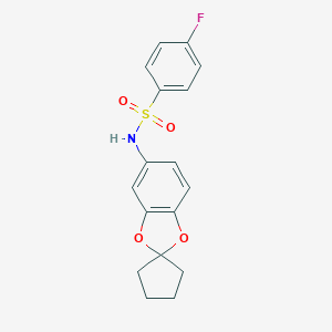molecular formula C17H16FNO4S B299795 N-(spiro[1,3-benzodioxole-2,1'-cyclopentane]-5-yl)-4-fluorobenzenesulfonamide 