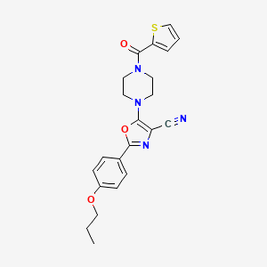 molecular formula C22H22N4O3S B2998095 2-(4-Propoxyphenyl)-5-(4-(thiophene-2-carbonyl)piperazin-1-yl)oxazole-4-carbonitrile CAS No. 946308-81-2