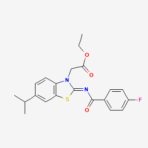 molecular formula C21H21FN2O3S B2998183 ethyl 2-[(2Z)-2-[(4-fluorobenzoyl)imino]-6-(propan-2-yl)-2,3-dihydro-1,3-benzothiazol-3-yl]acetate CAS No. 897620-26-7