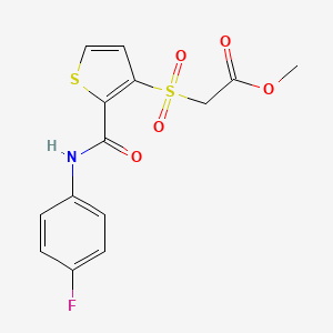molecular formula C14H12FNO5S2 B2998239 Methyl 2-({2-[(4-fluoroanilino)carbonyl]-3-thienyl}sulfonyl)acetate CAS No. 251097-21-9