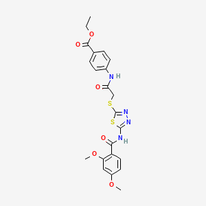 molecular formula C22H22N4O6S2 B2998335 Ethyl 4-[[2-[[5-[(2,4-dimethoxybenzoyl)amino]-1,3,4-thiadiazol-2-yl]sulfanyl]acetyl]amino]benzoate CAS No. 392293-35-5