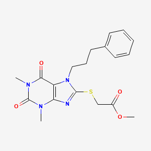 molecular formula C19H22N4O4S B2998524 [1,3-Dimethyl-2,6-dioxo-7-(3-phenyl-propyl)-2,3,6,7-tetrahydro-1H-purin-8-ylsulfanyl]-acetic acid methyl ester CAS No. 384373-83-5