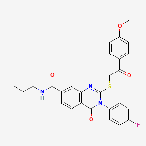 molecular formula C27H24FN3O4S B2998535 3-(4-fluorophenyl)-2-((2-(4-methoxyphenyl)-2-oxoethyl)thio)-4-oxo-N-propyl-3,4-dihydroquinazoline-7-carboxamide CAS No. 1113137-03-3