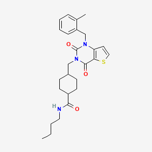 molecular formula C26H33N3O3S B2998553 N-butyl-4-((1-(2-methylbenzyl)-2,4-dioxo-1,2-dihydrothieno[3,2-d]pyrimidin-3(4H)-yl)methyl)cyclohexanecarboxamide CAS No. 932344-89-3