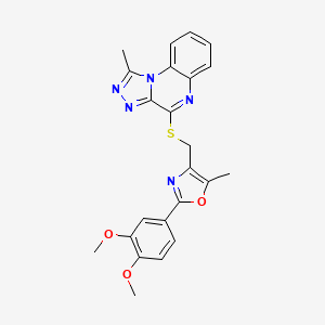 molecular formula C23H21N5O3S B2998556 2-(3,4-Dimethoxyphenyl)-5-methyl-4-(((1-methyl-[1,2,4]triazolo[4,3-a]quinoxalin-4-yl)thio)methyl)oxazole CAS No. 1030121-13-1