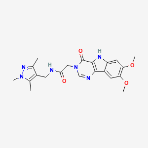 molecular formula C21H24N6O4 B2998570 2-(7,8-dimethoxy-4-oxo-4,5-dihydro-3H-pyrimido[5,4-b]indol-3-yl)-N-((1,3,5-trimethyl-1H-pyrazol-4-yl)methyl)acetamide CAS No. 1172905-18-8