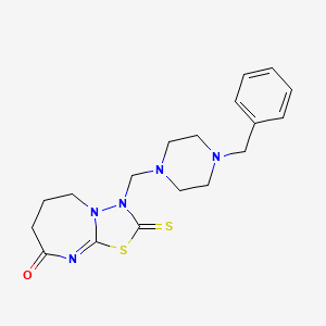molecular formula C18H23N5OS2 B2998587 3-((4-benzylpiperazin-1-yl)methyl)-2-thioxo-2,3,6,7-tetrahydro-[1,3,4]thiadiazolo[3,2-a][1,3]diazepin-8(5H)-one CAS No. 450346-85-7
