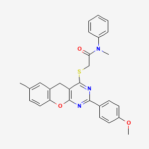 molecular formula C28H25N3O3S B2998590 2-((2-(4-methoxyphenyl)-7-methyl-5H-chromeno[2,3-d]pyrimidin-4-yl)thio)-N-methyl-N-phenylacetamide CAS No. 866811-24-7