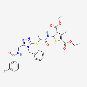 molecular formula C31H32FN5O6S2 B2998600 Diethyl 5-[2-[[4-benzyl-5-[[(3-fluorobenzoyl)amino]methyl]-1,2,4-triazol-3-yl]sulfanyl]propanoylamino]-3-methylthiophene-2,4-dicarboxylate CAS No. 393817-79-3