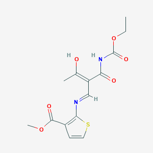 molecular formula C14H16N2O6S B2998630 methyl 2-{[(1E)-2-{[(ethoxycarbonyl)amino]carbonyl}-3-oxobut-1-en-1-yl]amino}thiophene-3-carboxylate CAS No. 338750-48-4