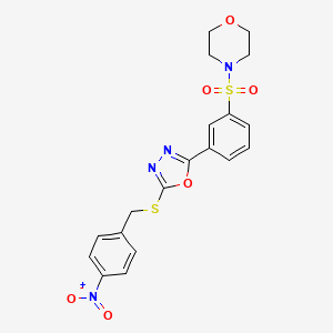 molecular formula C19H18N4O6S2 B2998706 4-[3-[5-[(4-Nitrophenyl)methylsulfanyl]-1,3,4-oxadiazol-2-yl]phenyl]sulfonylmorpholine CAS No. 801254-54-6
