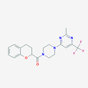 molecular formula C20H21F3N4O2 B2998725 4-[4-(3,4-dihydro-2H-1-benzopyran-2-carbonyl)piperazin-1-yl]-2-methyl-6-(trifluoromethyl)pyrimidine CAS No. 2097929-00-3