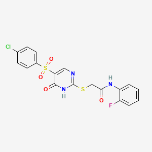 molecular formula C18H13ClFN3O4S2 B2998730 2-[[5-(4-chlorophenyl)sulfonyl-6-oxo-1H-pyrimidin-2-yl]sulfanyl]-N-(2-fluorophenyl)acetamide CAS No. 866842-83-3