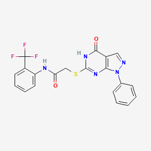 molecular formula C20H14F3N5O2S B2998784 2-((4-oxo-1-phenyl-4,5-dihydro-1H-pyrazolo[3,4-d]pyrimidin-6-yl)thio)-N-(2-(trifluoromethyl)phenyl)acetamide CAS No. 850911-90-9