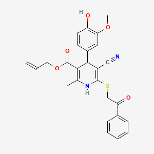 molecular formula C26H24N2O5S B2999254 Allyl 5-cyano-4-(4-hydroxy-3-methoxyphenyl)-2-methyl-6-((2-oxo-2-phenylethyl)thio)-1,4-dihydropyridine-3-carboxylate CAS No. 499116-89-1