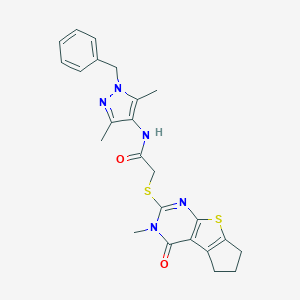 molecular formula C24H25N5O2S2 B300033 N-(1-benzyl-3,5-dimethyl-1H-pyrazol-4-yl)-2-[(3-methyl-4-oxo-3,5,6,7-tetrahydro-4H-cyclopenta[4,5]thieno[2,3-d]pyrimidin-2-yl)sulfanyl]acetamide 