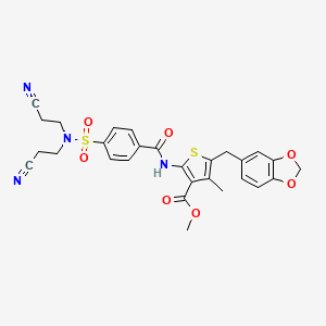 molecular formula C28H26N4O7S2 B3000349 Methyl 5-(1,3-benzodioxol-5-ylmethyl)-2-[[4-[bis(2-cyanoethyl)sulfamoyl]benzoyl]amino]-4-methylthiophene-3-carboxylate CAS No. 476366-32-2