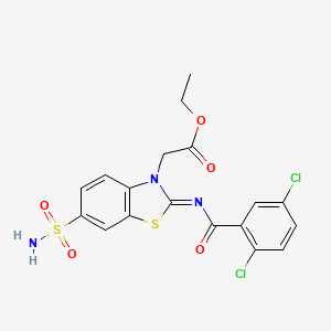 molecular formula C18H15Cl2N3O5S2 B3000554 ethyl 2-[(2Z)-2-[(2,5-dichlorobenzoyl)imino]-6-sulfamoyl-2,3-dihydro-1,3-benzothiazol-3-yl]acetate CAS No. 887209-76-9