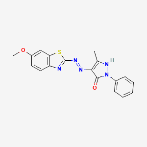 molecular formula C18H15N5O2S B3000650 (E)-4-(2-(6-methoxybenzo[d]thiazol-2-yl)hydrazono)-3-methyl-1-phenyl-1H-pyrazol-5(4H)-one CAS No. 303793-41-1