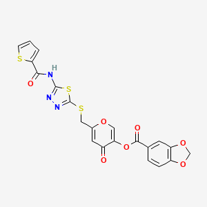 molecular formula C21H13N3O7S3 B3000659 4-oxo-6-(((5-(thiophene-2-carboxamido)-1,3,4-thiadiazol-2-yl)thio)methyl)-4H-pyran-3-yl benzo[d][1,3]dioxole-5-carboxylate CAS No. 877642-77-8