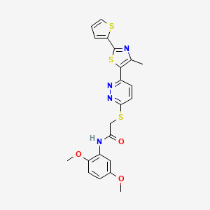 molecular formula C22H20N4O3S3 B3000661 N-(2,5-dimethoxyphenyl)-2-((6-(4-methyl-2-(thiophen-2-yl)thiazol-5-yl)pyridazin-3-yl)thio)acetamide CAS No. 1005304-42-6