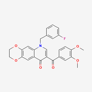 molecular formula C27H22FNO6 B3000977 8-(3,4-Dimethoxybenzoyl)-6-[(3-fluorophenyl)methyl]-2,3-dihydro-[1,4]dioxino[2,3-g]quinolin-9-one CAS No. 866808-22-2