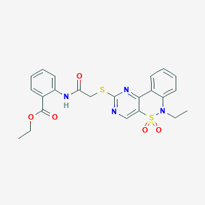 molecular formula C23H22N4O5S2 B3000985 ethyl 2-({[(6-ethyl-5,5-dioxido-6H-pyrimido[5,4-c][2,1]benzothiazin-2-yl)thio]acetyl}amino)benzoate CAS No. 950470-84-5