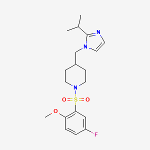 molecular formula C19H26FN3O3S B3001292 1-((5-氟-2-甲氧基苯基)磺酰基)-4-((2-异丙基-1H-咪唑-1-基)甲基)哌啶 CAS No. 1396761-17-3