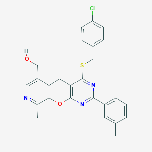 (7-{[(4-Chlorophenyl)methyl]sulfanyl}-14-methyl-5-(3-methylphenyl)-2-oxa-4,6,13-triazatricyclo[8.4.0.0^{3,8}]tetradeca-1(10),3(8),4,6,11,13-hexaen-11-yl)methanol