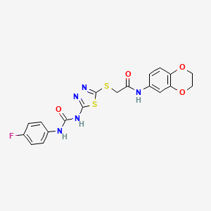 molecular formula C19H16FN5O4S2 B3001556 N-(2,3-dihydrobenzo[b][1,4]dioxin-6-yl)-2-((5-(3-(4-fluorophenyl)ureido)-1,3,4-thiadiazol-2-yl)thio)acetamide CAS No. 886935-81-5