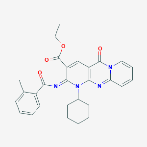 molecular formula C28H28N4O4 B3002119 ethyl 7-cyclohexyl-6-(2-methylbenzoyl)imino-2-oxo-1,7,9-triazatricyclo[8.4.0.03,8]tetradeca-3(8),4,9,11,13-pentaene-5-carboxylate CAS No. 443097-10-7